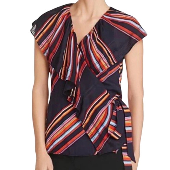 Tory Burch Adelia Top NWT Wrap Silhouette Allover Stripe Ruffle Blouse - Picture 9 of 9